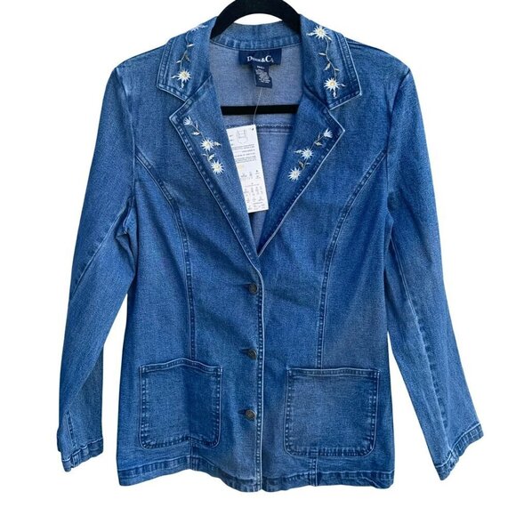 Denim & Co. Womens Denim Boho Floral Embroidered Lapel Blazer Jacket New Small - Picture 1 of 8